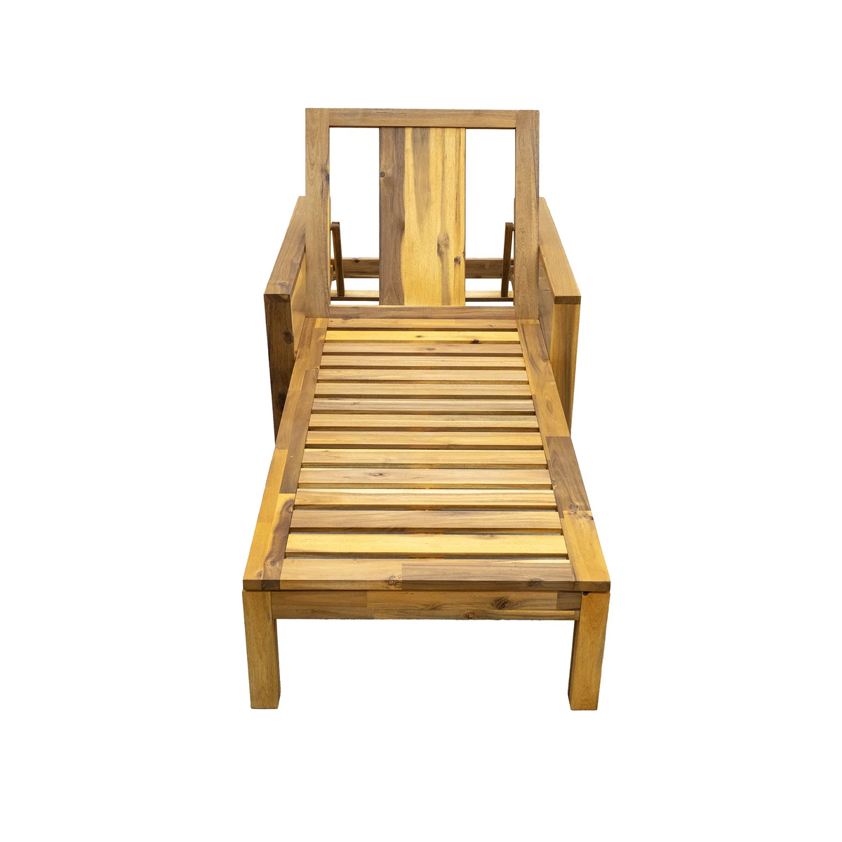 Detailed close-up of Acacia wood grain and joints of the outdoor lounge chair.