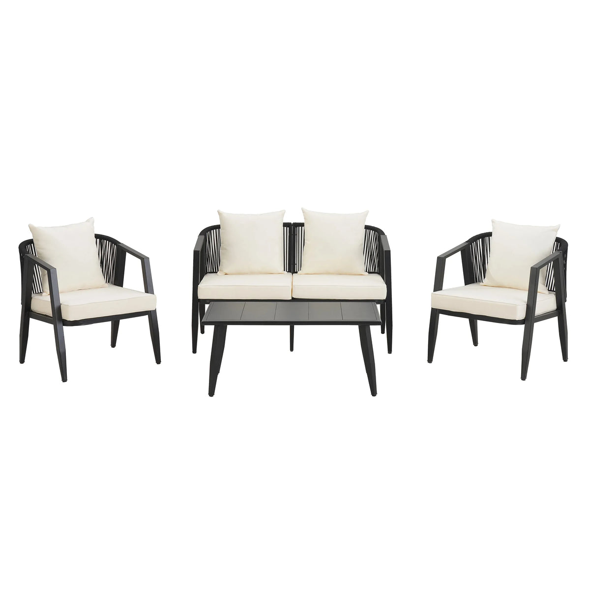 Beige outdoor patio seating set with sturdy iron frames placed on stone patio under soft sunlight.