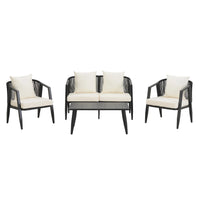 Beige outdoor patio seating set with sturdy iron frames placed on stone patio under soft sunlight.