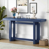 Long contemporary navy blue console table with wood top and sleek, minimalist design.