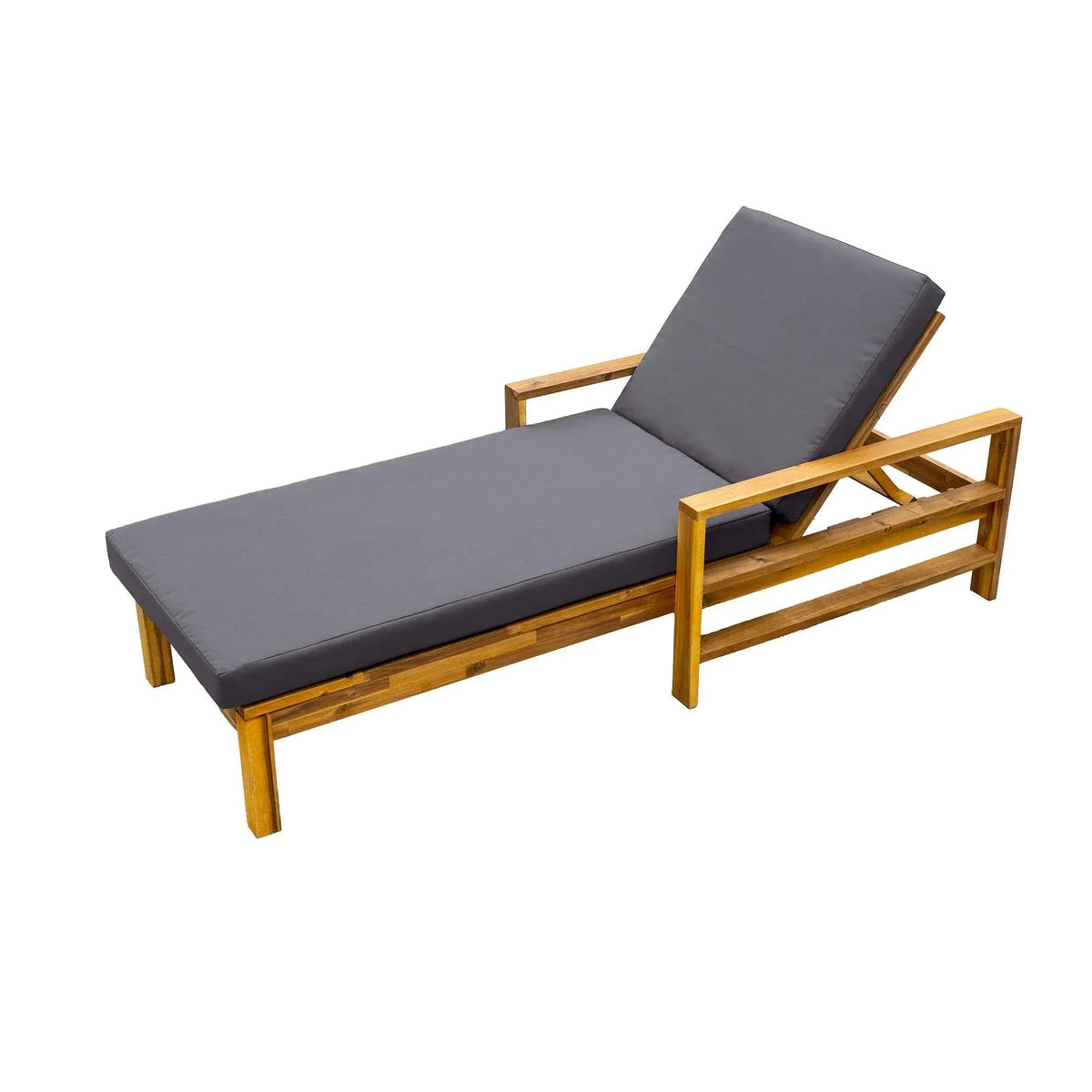 Outdoor lounge chair made of natural Acacia wood with adjustable backrest and grey cushions.