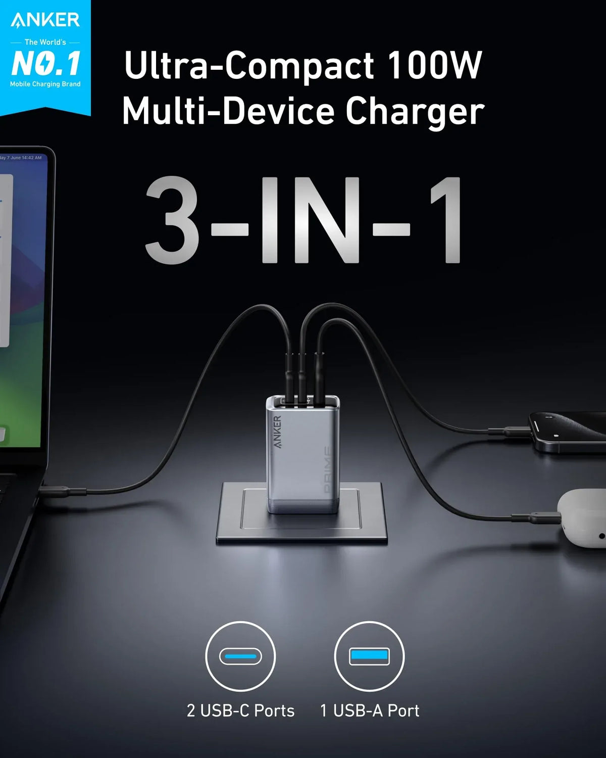 Anker Prime Charger (100W, 3 Ports, GaN) - Trustymall