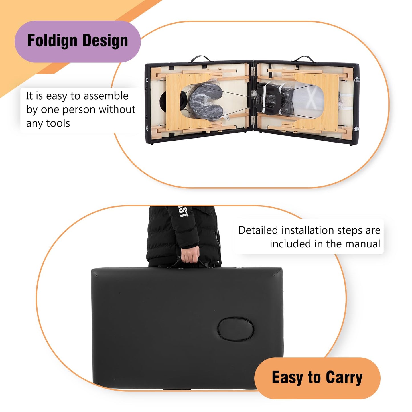 BestMassage Massage Bed Portable Massage Table 24 in Wide Lash Bed Heigh Adjustable 2 Folding with Non-Woven Bag for Spa Footmassage Facial CareSpa Tattoo