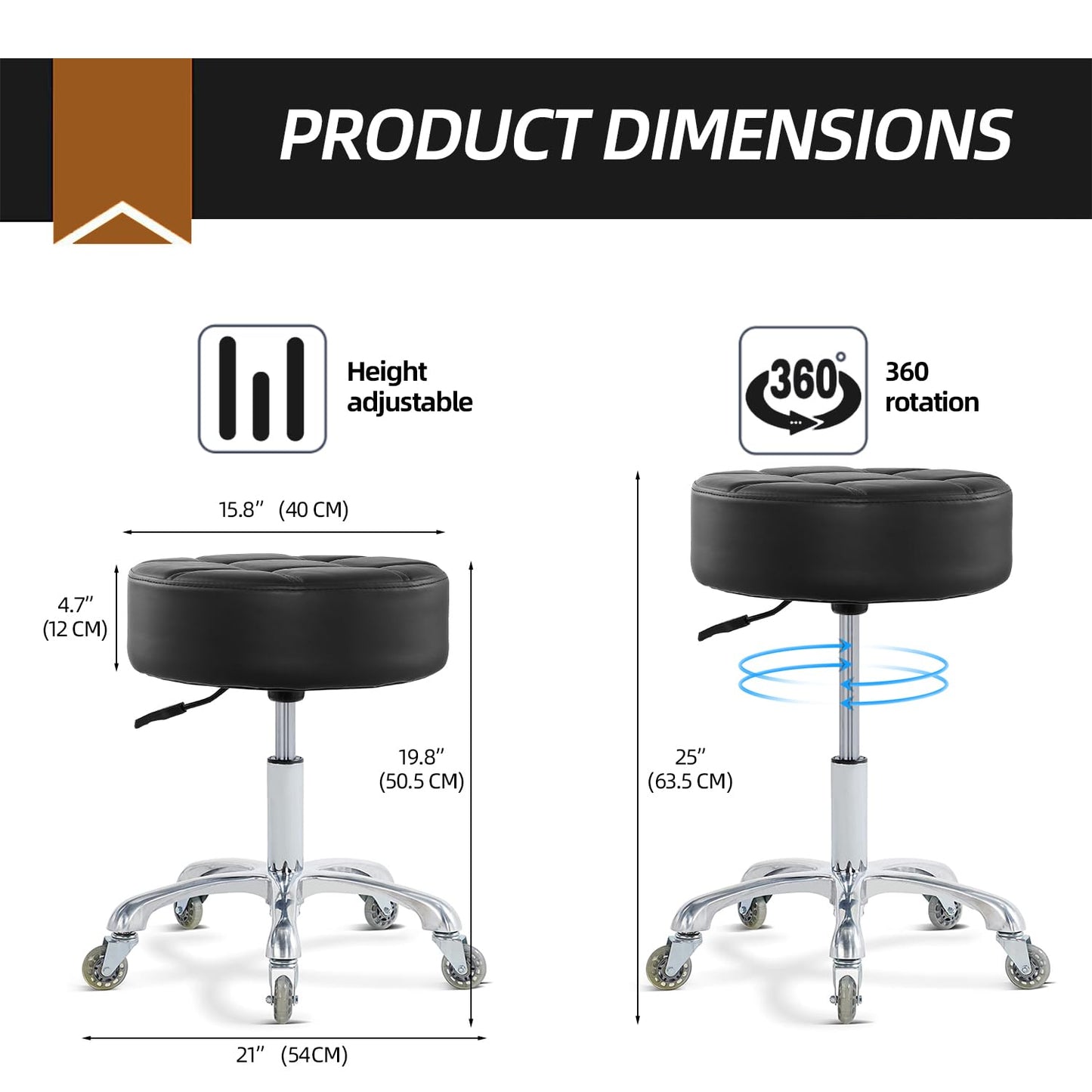 Ainilaily Rolling Stool with Wheels Adjustable Height, Roller Stool for Massage Medical Tattoo Spa Heavy Duty Swivel Desk (Super Thick Cushion, Black)