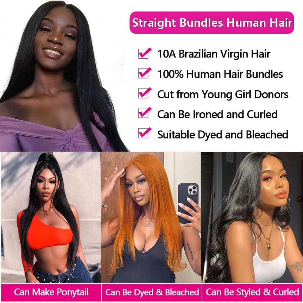 10A Brazilian Straight Human Hair 3 Bundles 18 20 22 Inch Straight Bundles Human Hair 100% Unprocessed Virgin Hair Weave Bundles Deals Hair 1B Black