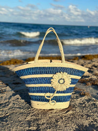 Blue Flower "Trapezoid" Straw Artisan Tote