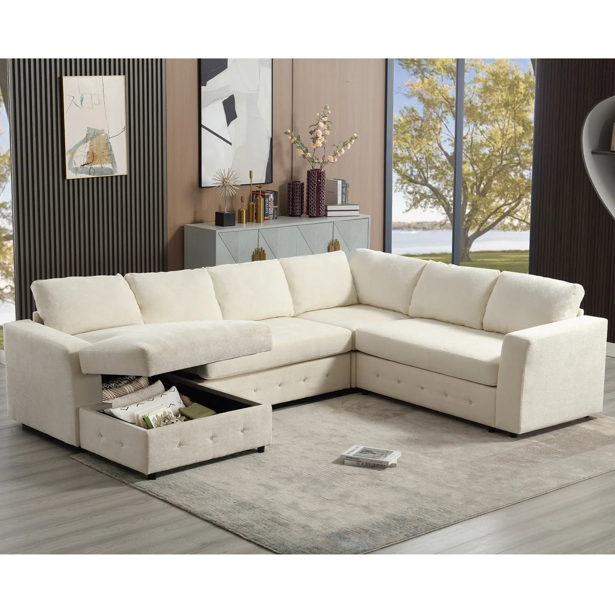 Dimension diagram of beige sectional sofa with chaise, showing 110.75 inches length and 84.84 inches width.