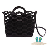 Medium beige beach tote bag with top handle and cut-out detail, button closure, and removable shoulder straps.