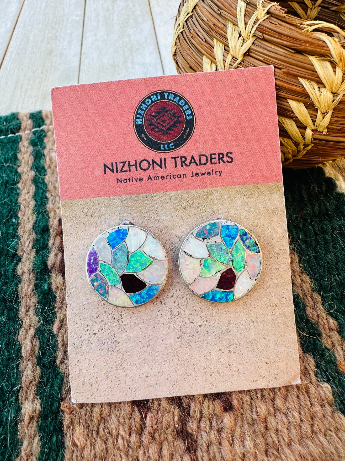 Handcrafted Old Pawn Sterling Silver & Multicolor Opal Inlay Post Earrings