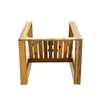Perspective view technical drawing highlighting features of acacia wood chair and ottoman.
