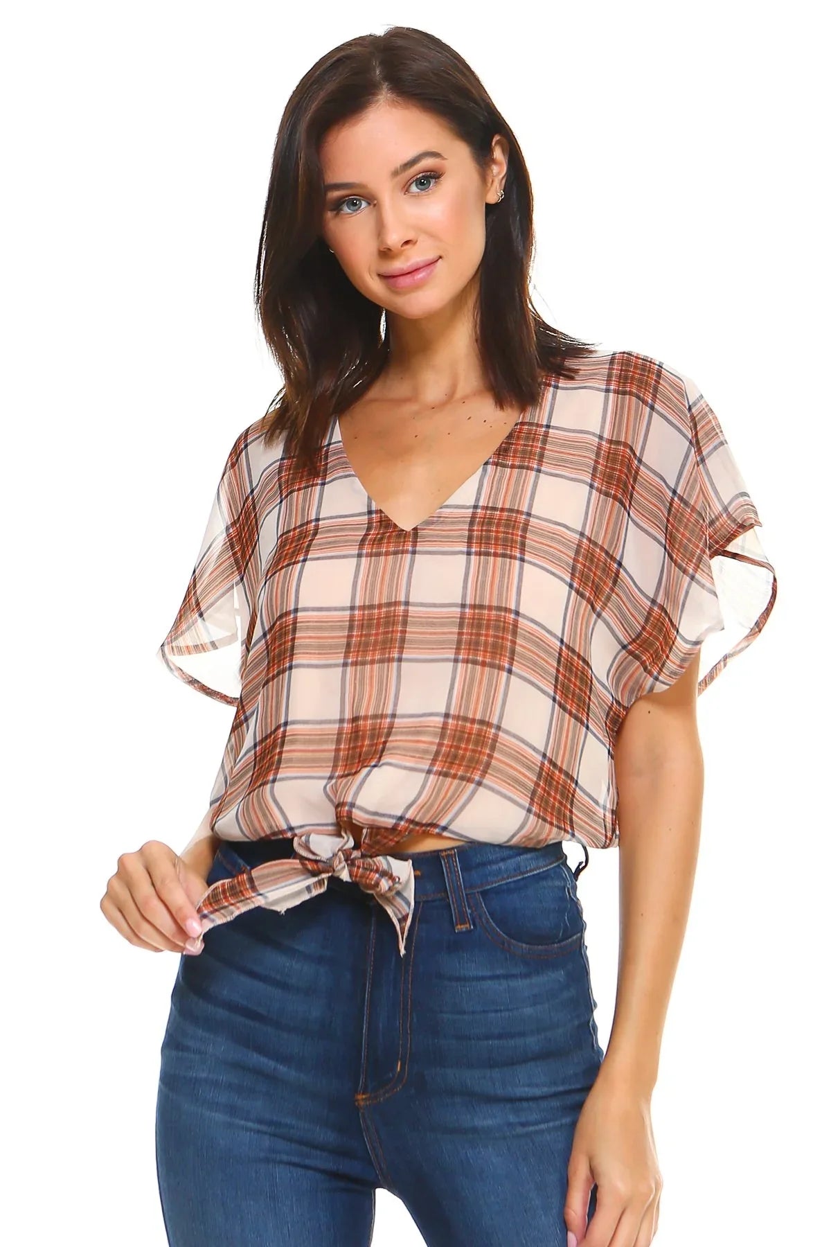 Back view of plaid tie-back blouse showing V-neck and flutter sleeves.