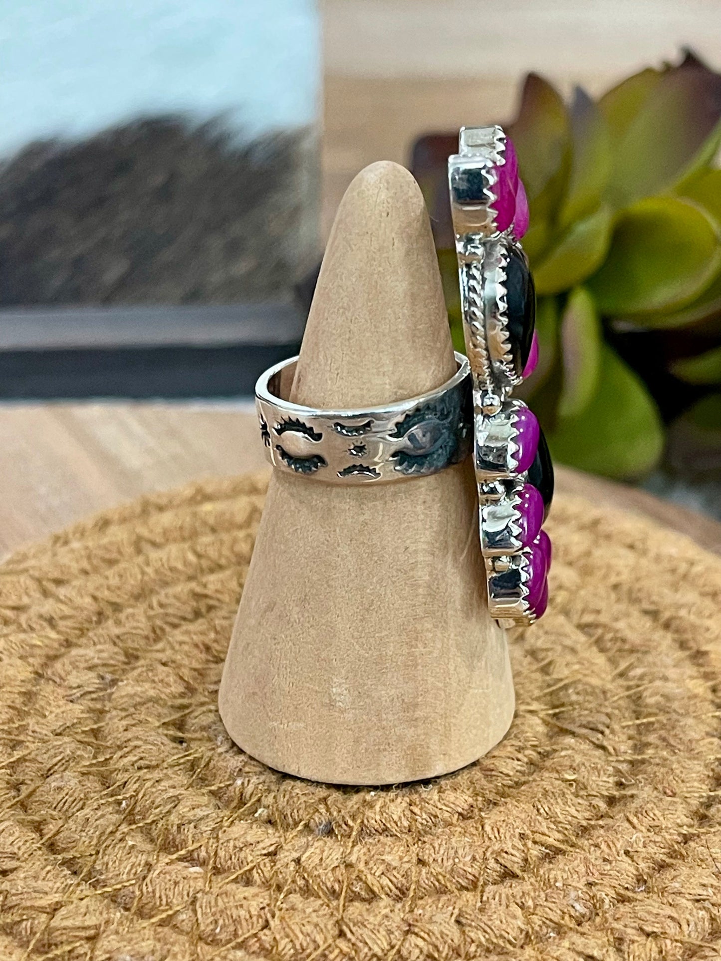 Handmade Sterling Silver, Onyx & Pink Onyx Cluster Adjustable Ring