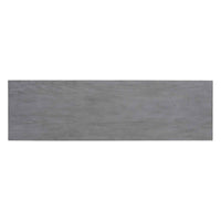 Detail of the textured oak veneer surface and unique side panel design of the gray console table.