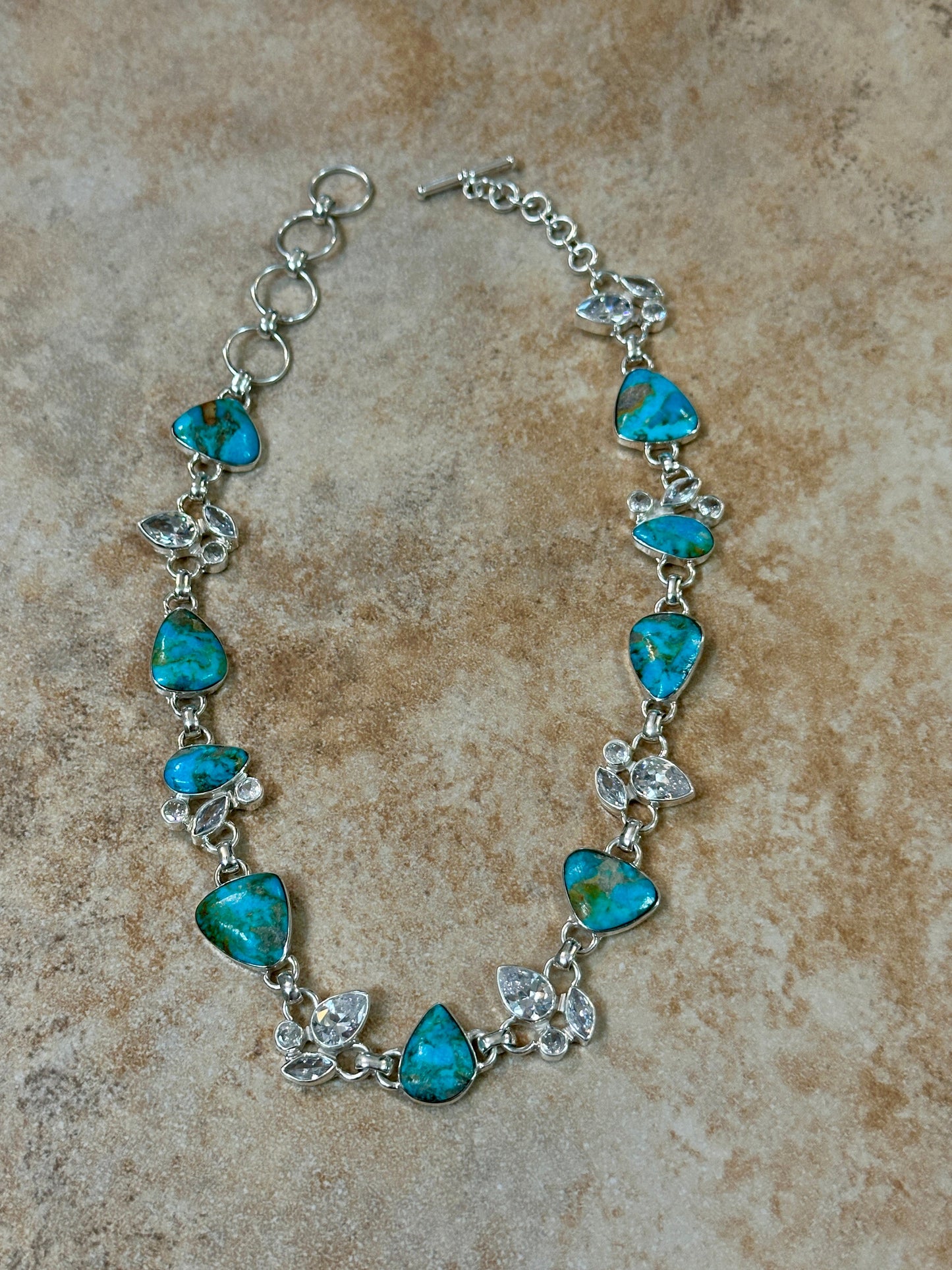 Turquoise 9 Stone & CZ Sterling Silver Necklace
