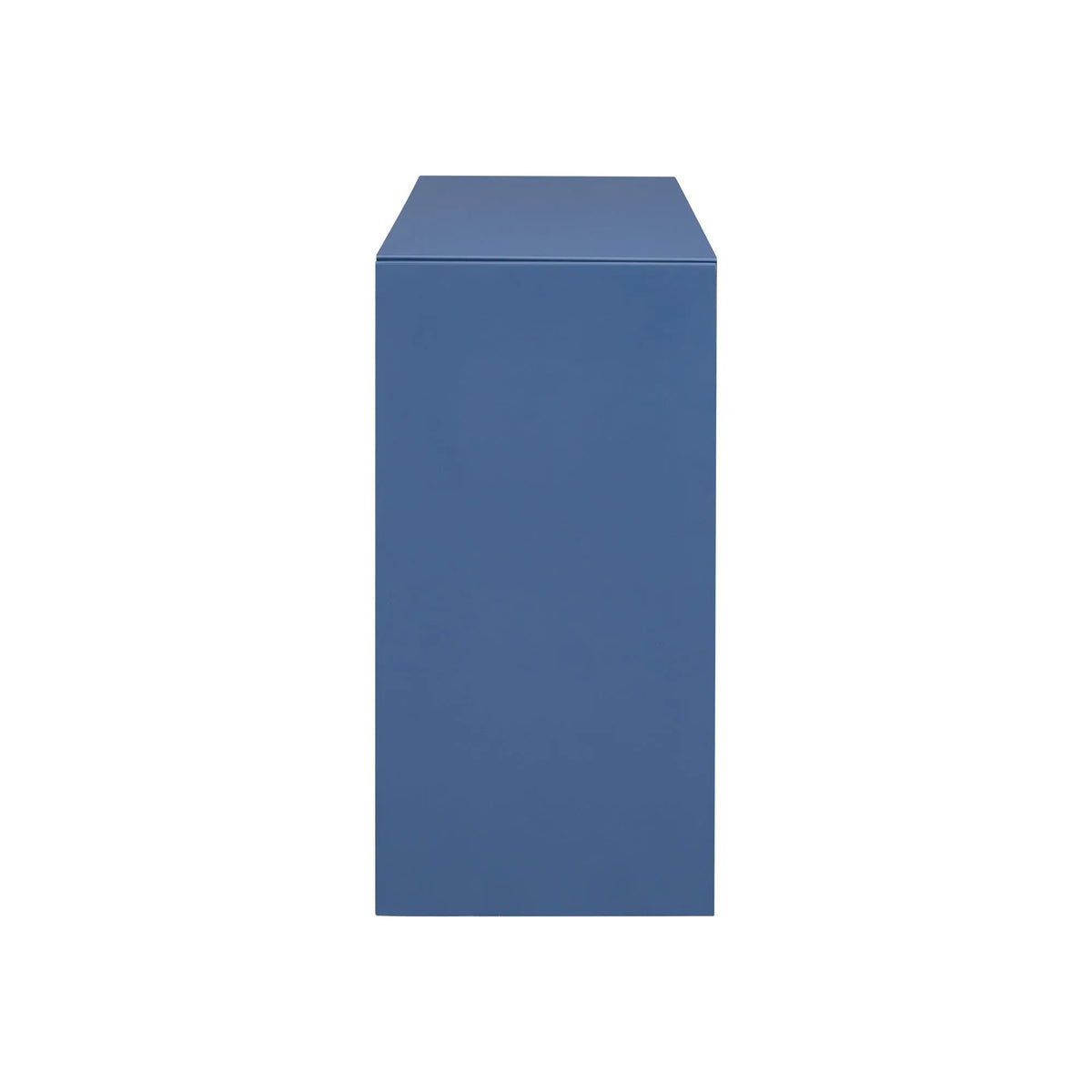 Side profile of navy blue entryway table highlighting slim legs and minimalist design