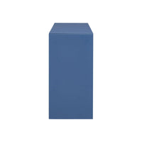Side profile of navy blue entryway table highlighting slim legs and minimalist design
