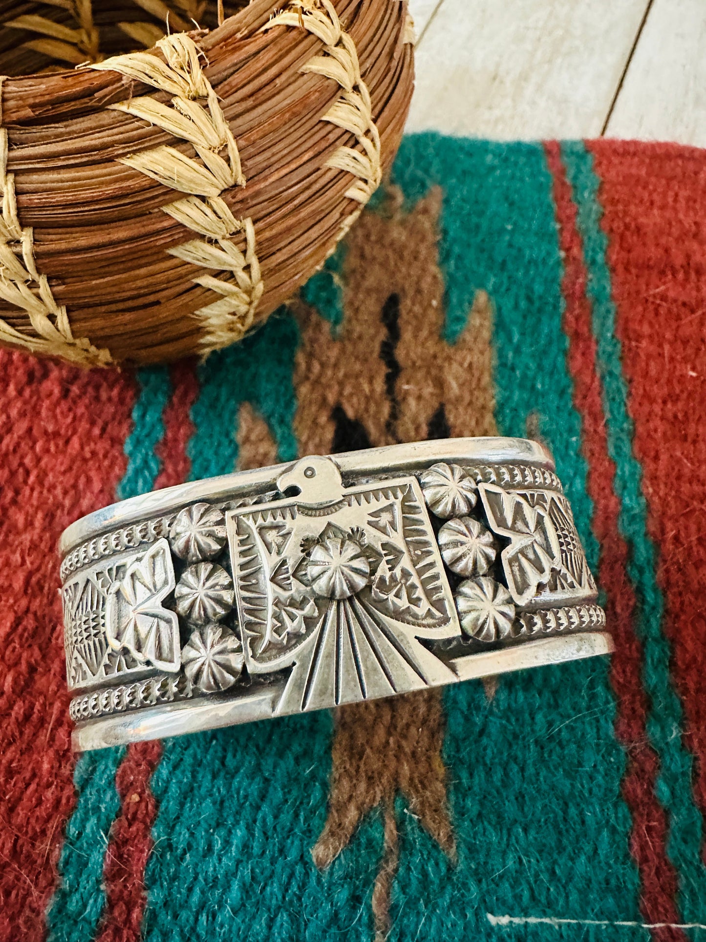 Handcrafted Old Pawn Sterling Silver Thunderbird Cuff Bracelet