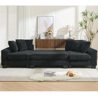 Modern black U-shaped sleeper sofa with corduroy upholstery, plush cushions, and a pull-out bed for four.