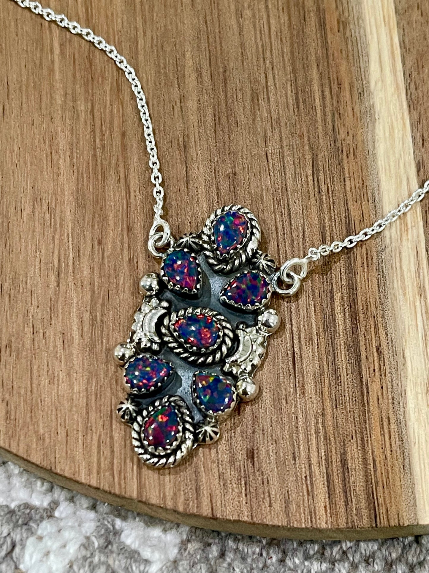 Handmade Sterling Silver & Purple Fire Opal Cluster Necklace