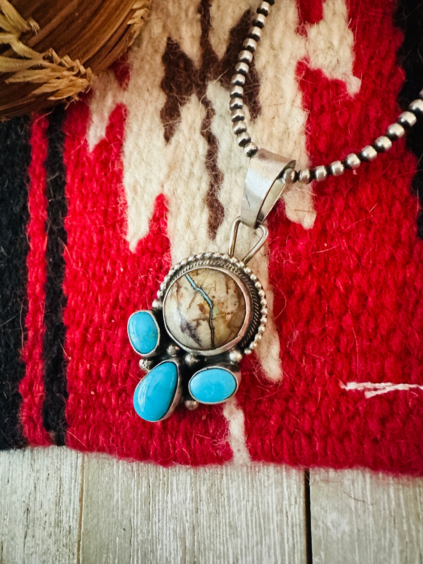 Handcrafted Sterling Silver & Ribbon Turquoise Pendant