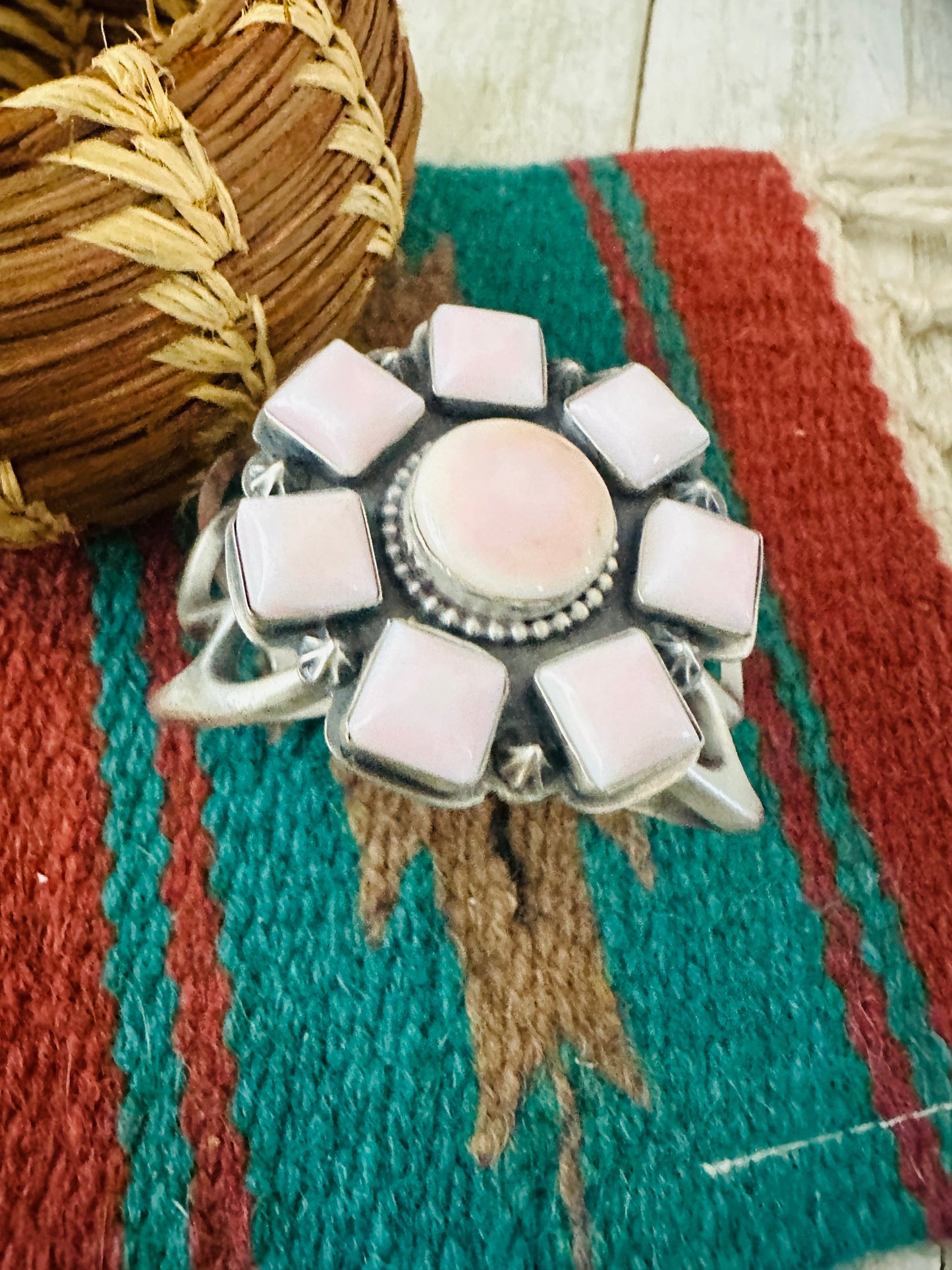 Handcrafted Old Pawn Sterling Silver & Queen Pink Conch Cluster Cuff Bracelet