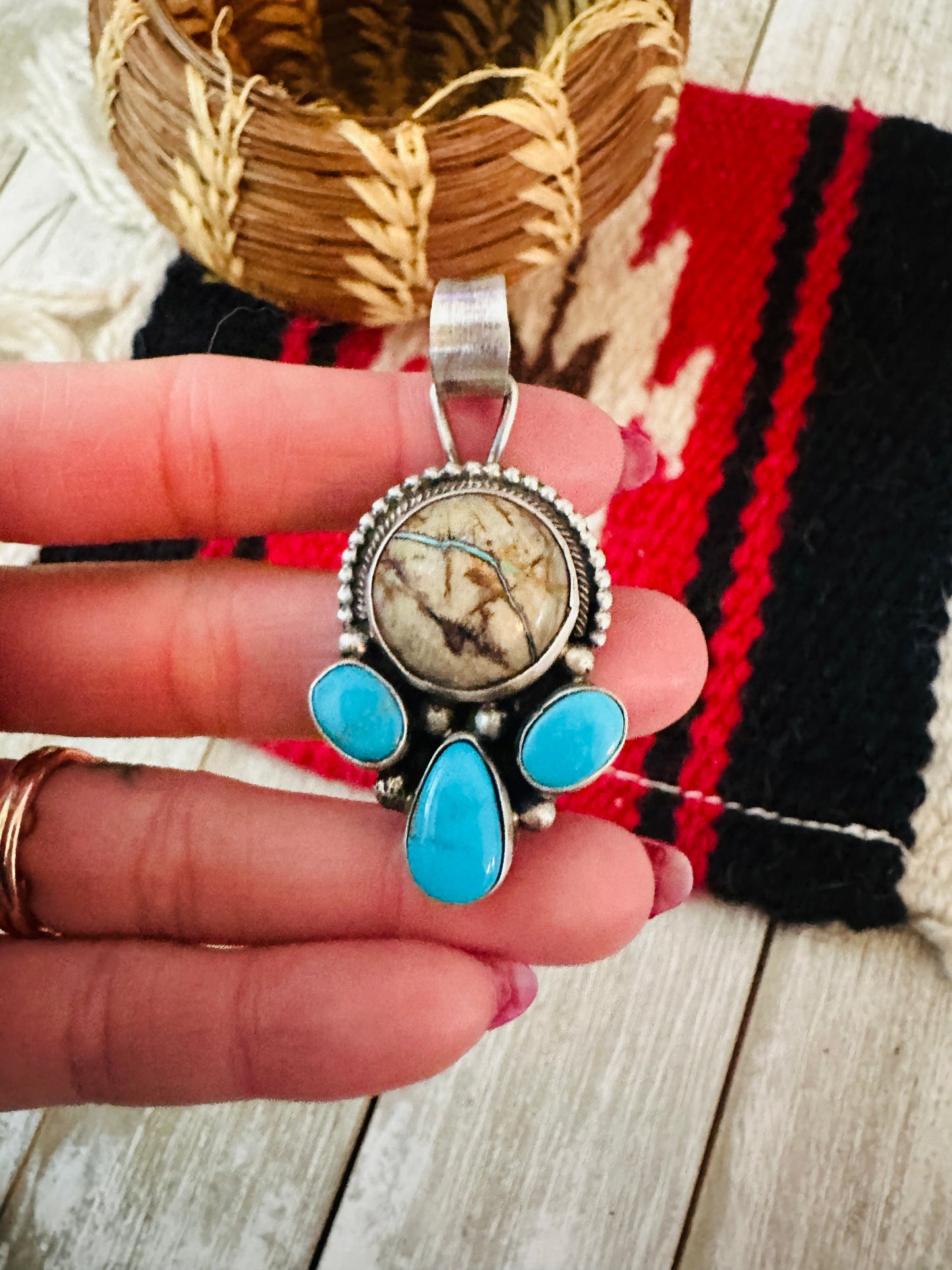 Handcrafted Sterling Silver & Ribbon Turquoise Pendant