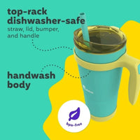 Tumbler showing easy-to-attach handle and colorful removable accessories