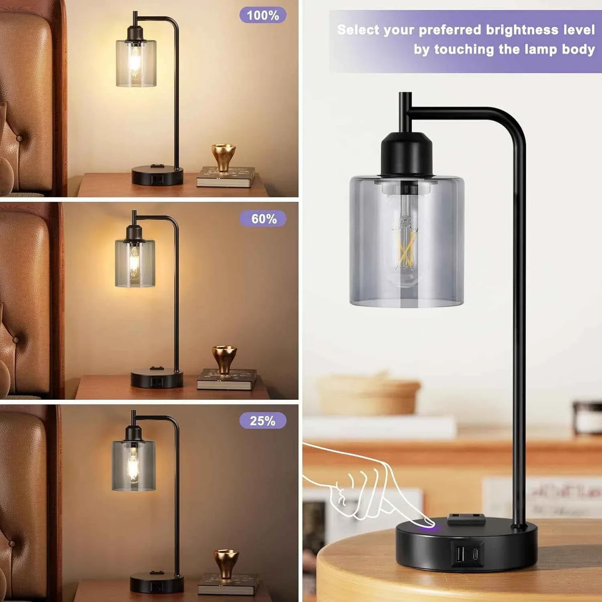 3-Way Dimmable USB Table Lamps With Gray Glass Shade Pair