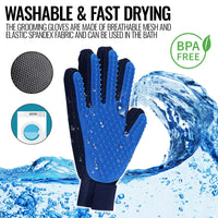 Multiple pet grooming gloves displayed with soft silicone tips for all hair types