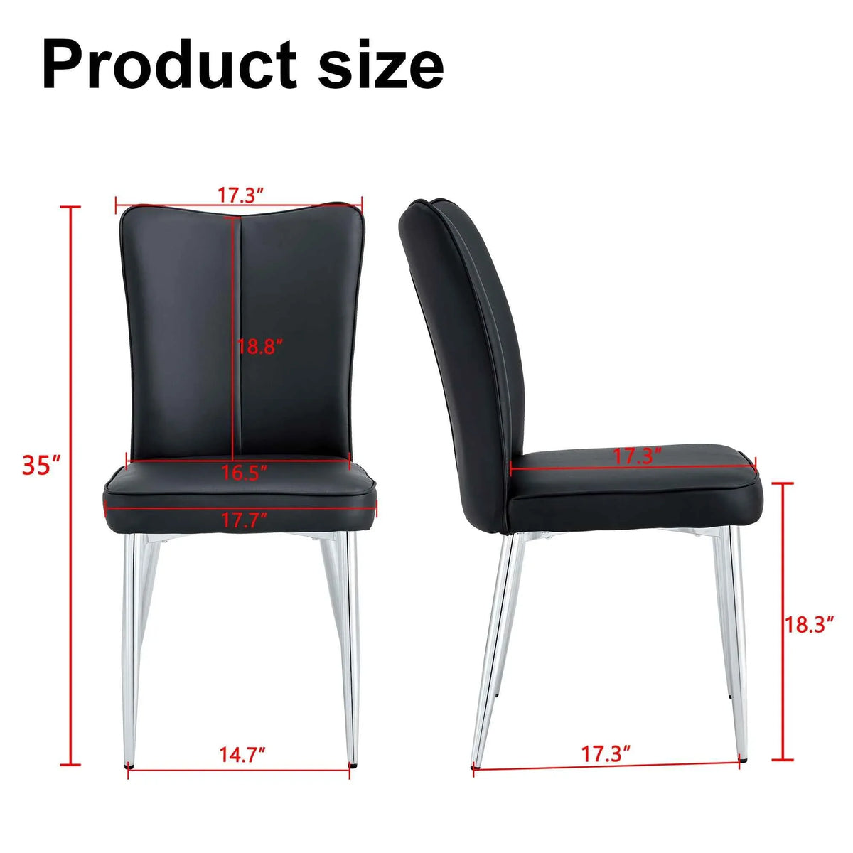 Side view of a black dining chair featuring PU leather curved backrest and metal legs