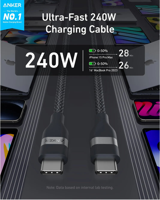 Anker USB-C - USB-C Kablosu (90 cm / 180 cm, 240 W, Geri Dönüştürülmüş Örgülü)