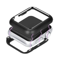 Close-up of AMZER Armor Aluminum Magnetic Snap Case showing metal frame and tempered glass back for Apple Watch Series 4.