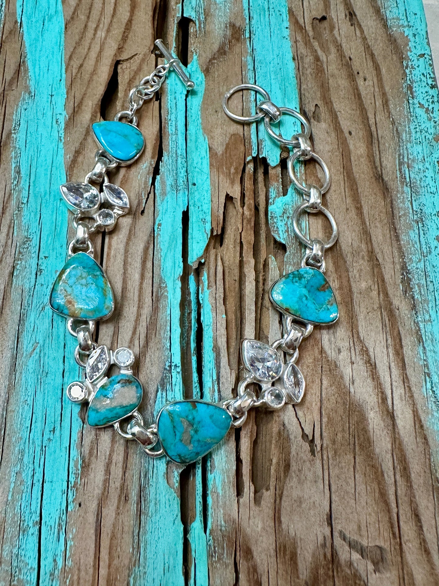 Turquoise 5 Stone & CZ Sterling Silver Bracelet