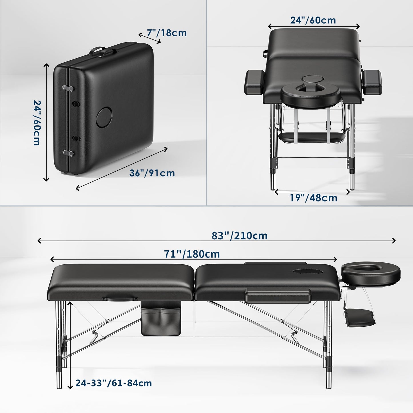 Brelley Massage Table Portable, 2-Fold Lash Bed with Side Pocket, Adjustable Height, Sturdy Aluminum Frame, Esthetician Spa Facial Bed, Tattoo Bed with Face Cradle & Carrying Bag, Black