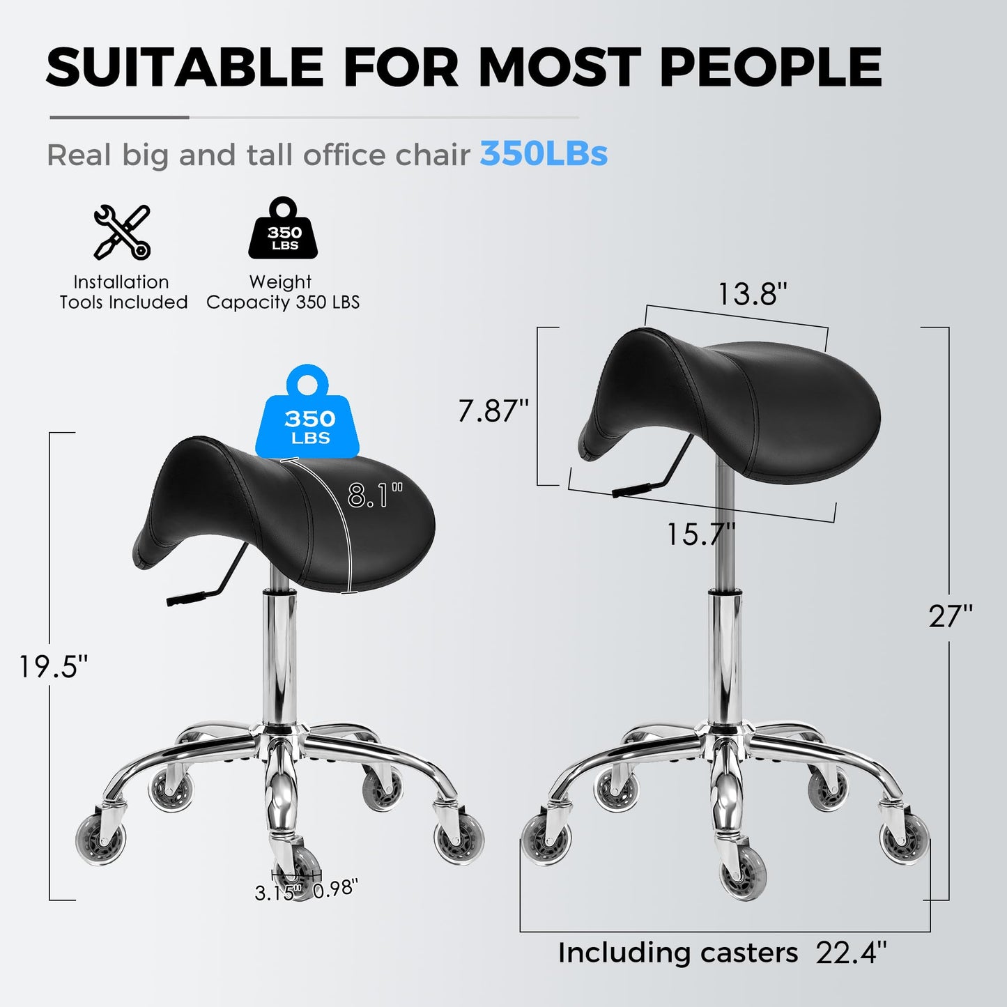 BEWISHOME Saddle Stool with Wheels, Swivel Adjustable Rolling Stool,Heavy Duty PU Leather Wide Thick Seat Padding Ergonomic Chair for Beauty Salon Spa Clinic(Black) BMD01B