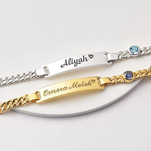 Close-up shot of engraving options and fonts for customizing the sterling silver toddler bracelet.