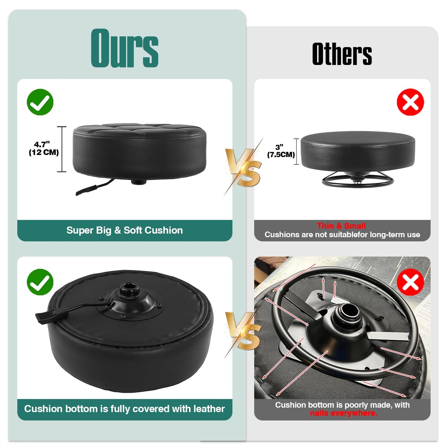 Ainilaily Rolling Stool with Wheels Adjustable Height, Roller Stool for Massage Medical Tattoo Spa Heavy Duty Swivel Desk (Super Thick Cushion, Black)