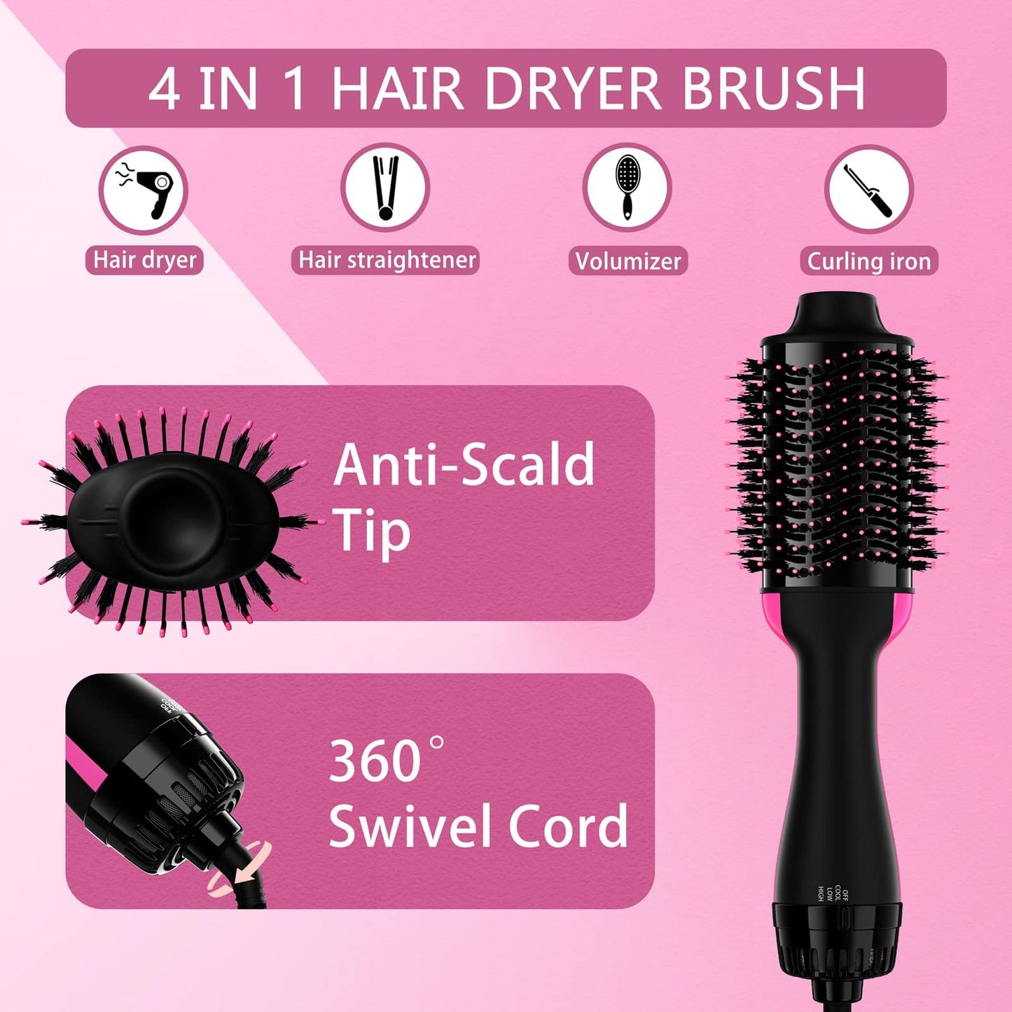 Hair Dryer Brush 4 in 1 Styling Tools Ceramic, Hair Dryer and Styler Volumizer, Hot Air Straightener Brush, Blow Dryer with Ceramic Oval Barrel, Blow Dryer in One, for All Hair Types