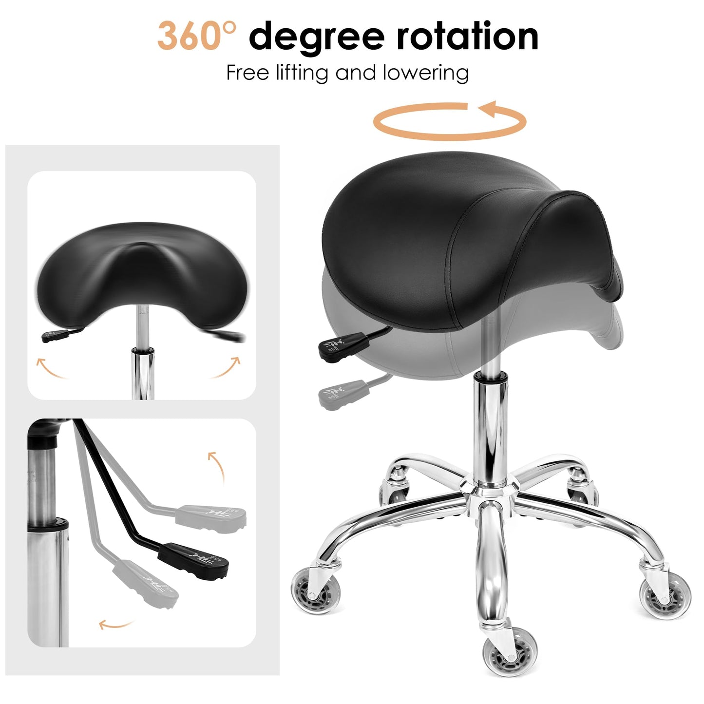 BEWISHOME Saddle Stool with Wheels, Swivel Adjustable Rolling Stool,Heavy Duty PU Leather Wide Thick Seat Padding Ergonomic Chair for Beauty Salon Spa Clinic(Black) BMD01B