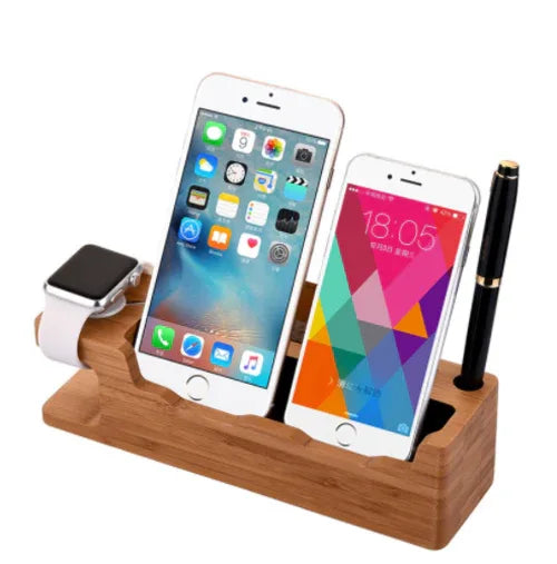 Front view of sleek bamboo mobile phone and watch holder showing its dimensions.