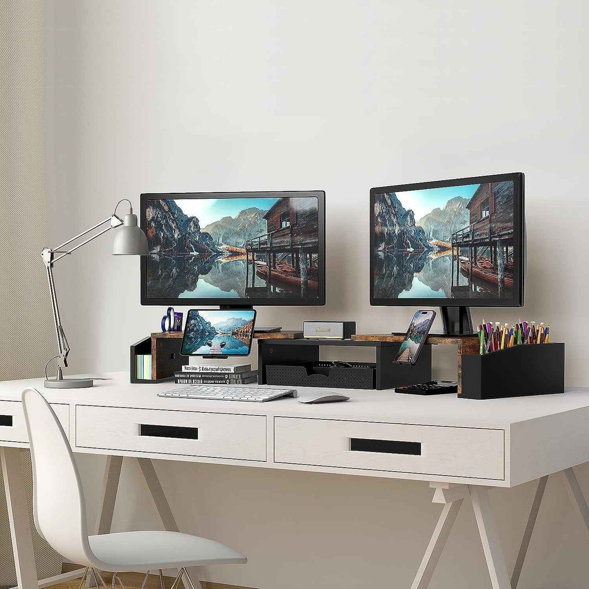 Desk Dual Monitor Stand Riser With Drawer Rustic Brown