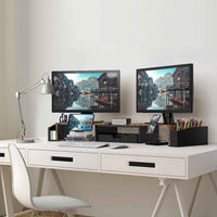 Desk Dual Monitor Stand Riser With Drawer Rustic Brown