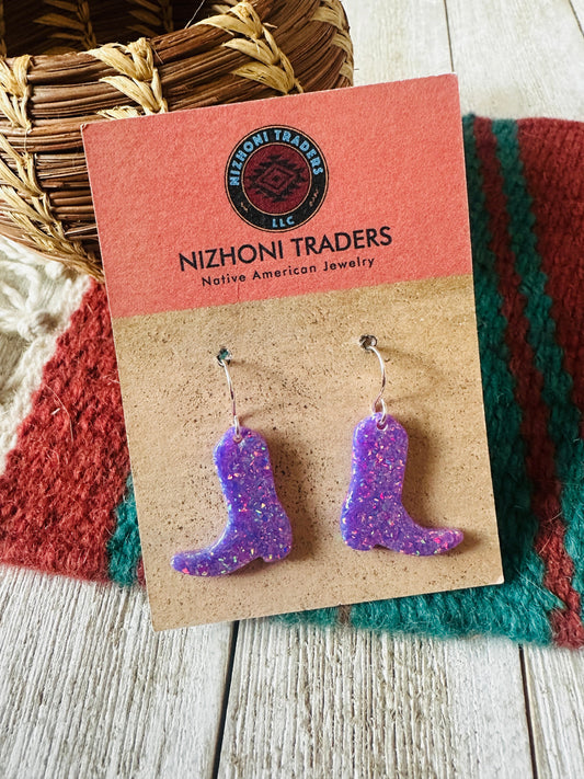 Handcrafted Sterling Silver & Opal Cowboy Boot Dangle Earrings