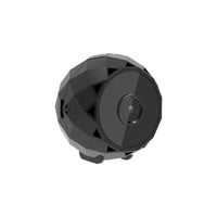 Compact HD WiFi security camera with USB port and mounting base on white background.