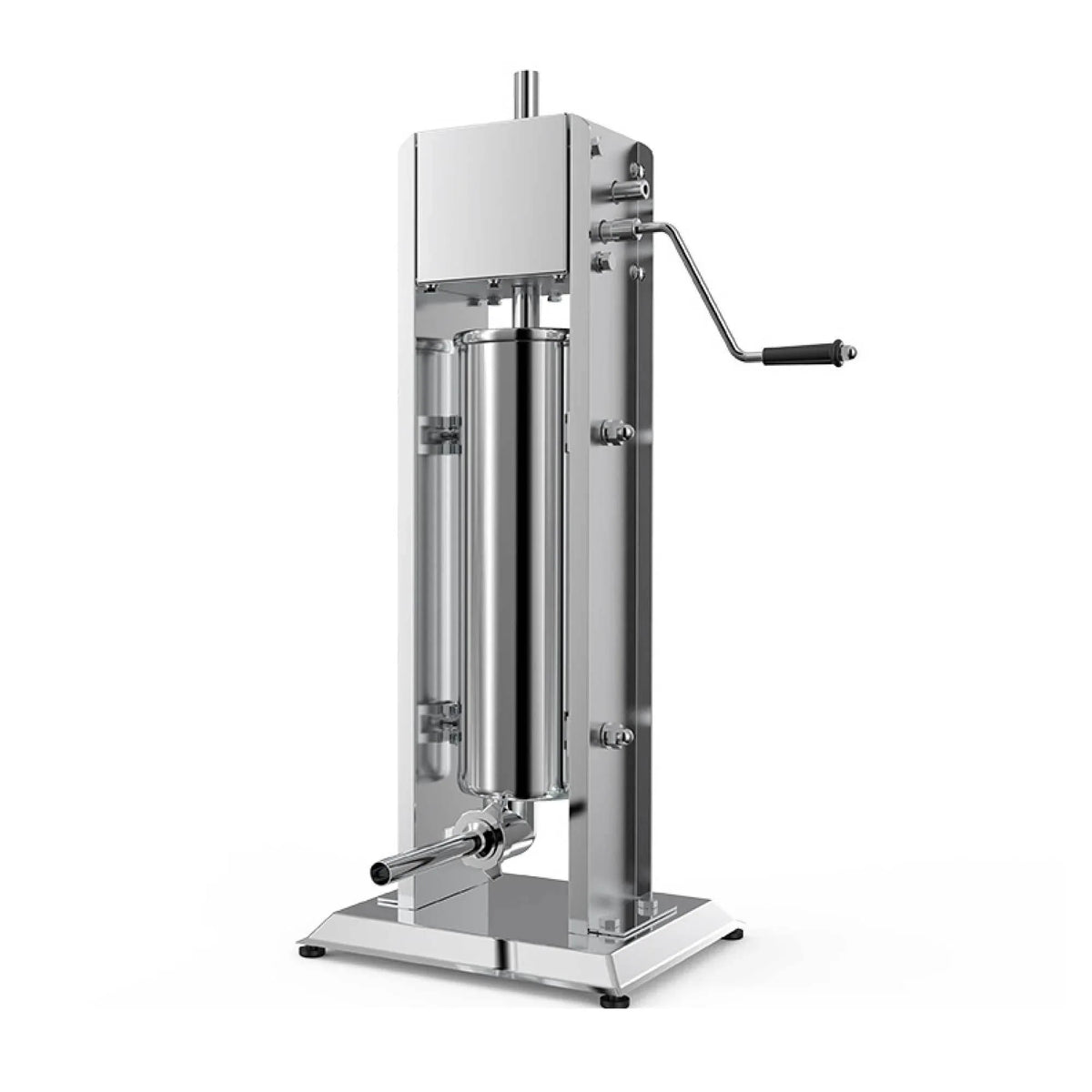Stainless steel 7L manual vertical sausage filler with mounted base on a wooden surface.