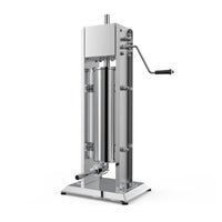 Stainless steel 7L manual vertical sausage filler with mounted base on a wooden surface.