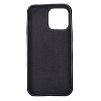 Leather iPhone 13 snap-on case showing precise cutouts for charging and speakers