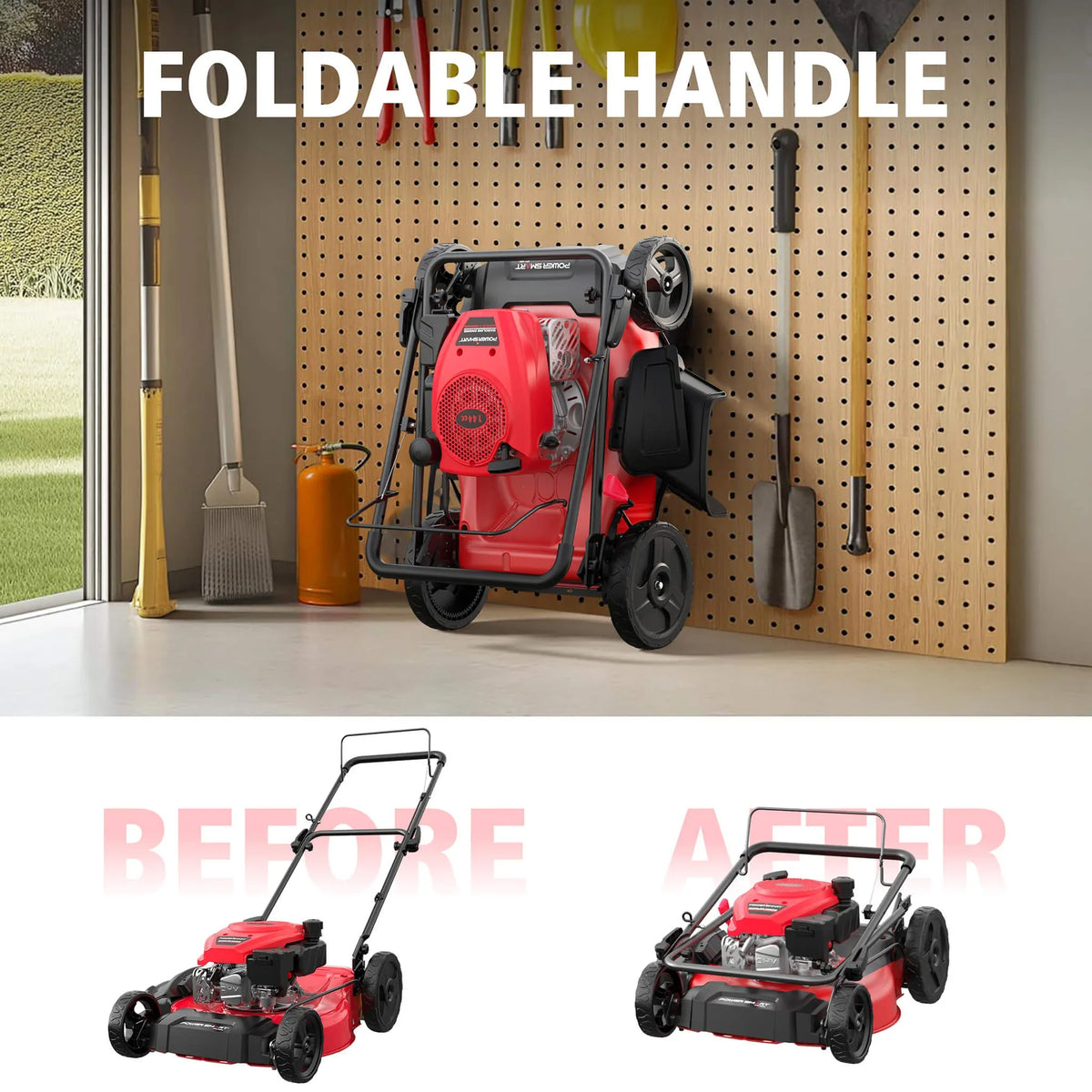 A red and black gas lawn mower with a sturdy steel deck, adjustable height, and side-discharge feature.