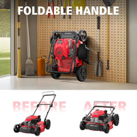 A red and black gas lawn mower with a sturdy steel deck, adjustable height, and side-discharge feature.