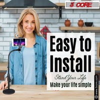 Fully extended adjustable scissor arm phone stand clamped on desk holding phone horizontally.